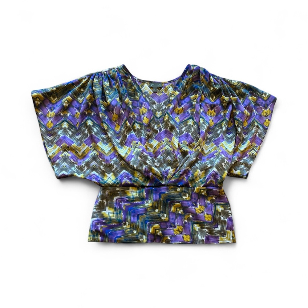 Anthropologie fei Geometric Feather Print Purple Green and Gold Blouse